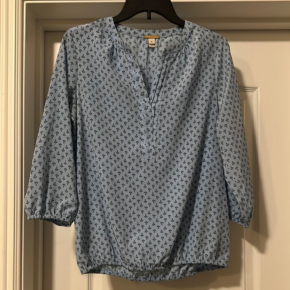 Dana Buchman Blue Puff Sleeve Blouse with Mandarin Collar